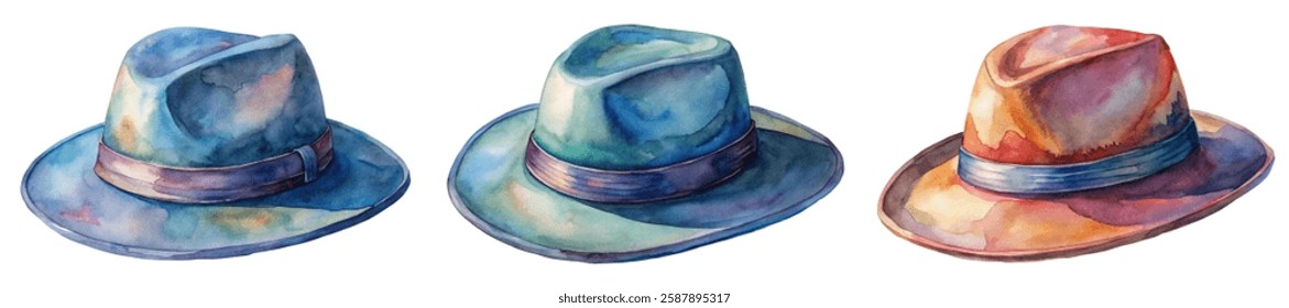 Colorful watercolor hats, artistic design, vintage style, fashion illustration, stylish accessories, creative artwork.