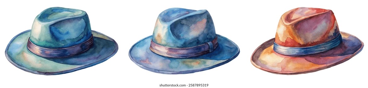 Colorful watercolor hats, stylish fashion accessories, artistic illustration, vibrant design elements, modern decor.