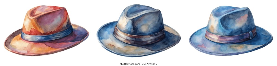 Colorful watercolor hats, stylish headwear, artistic illustration, fashion accessories, vibrant colors, creative design, trendy styles.