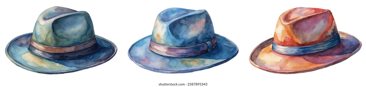 Colorful watercolor hats, stylish headwear, artistic design, creative fashion illustration, vibrant color palette.