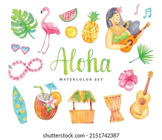 Colorful watercolor hawaiian elements set