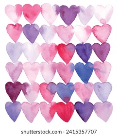 Colorful watercolor hearts background. Valentine's day background.