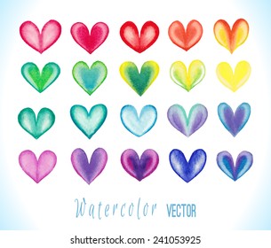 Colorful  watercolor  hearts  isolated on white background. Vector illustration.  Elements for your design.