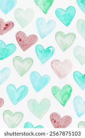 Colorful watercolor hearts, playful design, soft pastel tones, romantic background, perfect for invitations.