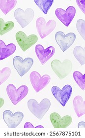 Colorful watercolor hearts, playful pattern design, vibrant purple and green hues, ideal for romantic themes.