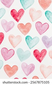 Colorful watercolor hearts, playful pattern, romantic design, soft pastel colors, cheerful background, perfect for Valentine's Day.