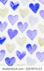 Colorful watercolor hearts, playful pattern, soft pastel tones, romantic design, perfect for backgrounds.