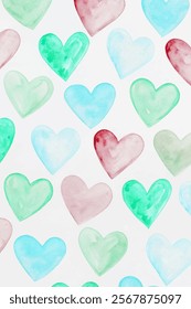 Colorful watercolor hearts, soft pastel shades, playful design, perfect for romantic themes, seamless pattern.