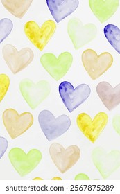 Colorful watercolor hearts, soft pastel tones, cheerful background pattern, ideal for invitations, greeting cards, and decor.