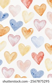 Colorful watercolor hearts, soft pastel shades, seamless pattern design, romantic and playful style, perfect for stationery.