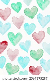 Colorful watercolor hearts, soft pastel tones, romantic design, perfect for Valentine's Day, love themes, greeting cards.