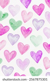 Colorful watercolor hearts, soft pastel shades, romantic background design, playful and cheerful style.