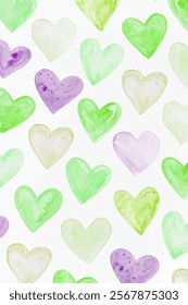 Colorful watercolor hearts, soft pastel shades, playful design, perfect for invitations, greeting cards, and decor.