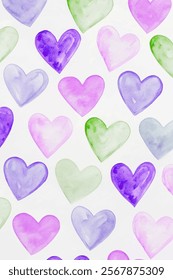 Colorful watercolor hearts, soft pastel shades, playful design, perfect for romantic themes, vibrant background.