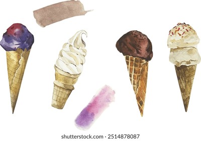 Aquarela colorida sorvete conjunto ilustração vetor isolado no fundo branco. Verão e Doce conceito de menu de sobremesas cremosas congeladas. Vários de sabor de sorvete de gelato em cone e picolé.	