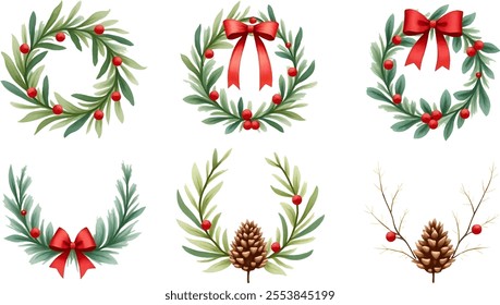 Colorful watercolor illustration showcases six distinct Christmas wreaths arranged in two rows.