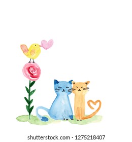 Colorful watercolor illustration with sweet cats, bird and flowers perfect for valentine's day