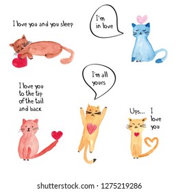 Colorful watercolor illustration with sweet cats perfect for valentine's day