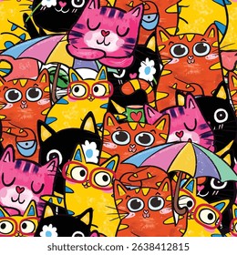 Colorful watercolor kitty cat  seamless pattern
