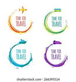 Colorful watercolor labels for travel and tourism. 
