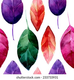 Colorful watercolor leaves - seamless pattern. Vector tiled background.