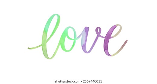 Colorful watercolor lettering, artistic love design, vibrant green and purple hues, modern calligraphy style.