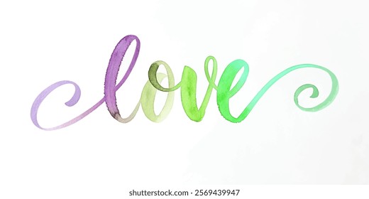 Colorful watercolor love, artistic lettering, vibrant green and purple, romantic design, modern decor, inspirational art.