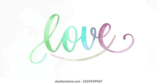 Colorful watercolor love, artistic lettering, soft pastel tones, romantic design, modern calligraphy, decorative art piece.