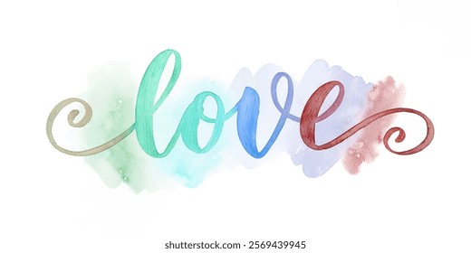 Colorful watercolor love design, artistic lettering, soft pastel background, romantic theme, decorative wall art.