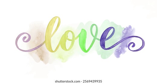 Colorful watercolor love design, vibrant swirls, artistic lettering, romantic theme, perfect for prints.