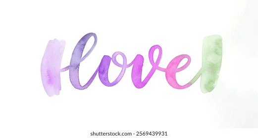 Colorful watercolor love text, artistic design, vibrant hues, romantic theme, decorative element, expressive typography.