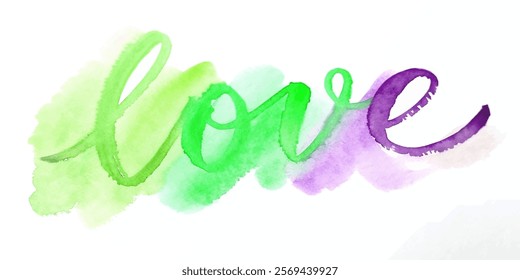 Colorful watercolor love, vibrant green and purple, artistic lettering, romantic design, creative expression, perfect for cards.