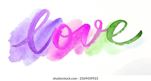 Colorful watercolor love, vibrant purple and green, artistic lettering, romantic design, creative expression.