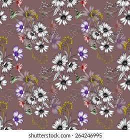 Colorful watercolor meadow flowers Seamless pattern on brown background vector illustration
