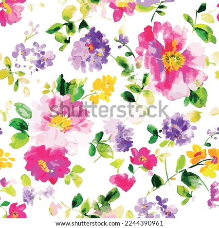 Colorful Watercolor Mixed Flower Pattern. Pink, Yellow, Purple and Green, Grunge Textured Modern Abstract Art Floral and Leaf Background For Textile, T-shirt, Garment, Dress, Duvet Cover.