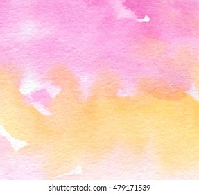 Colorful watercolor orange pink hand drawn paper texture splatter stylized vector card for text design. Water color wet brush paint bright backdrop for wallpaper, web
