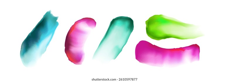 Colorful watercolor paint brushstrokes set - vivid green, pink and blue gradient brush splatters. Modern fluid watercolour painting stains, blots, smudges pack. Vibrant liquid ink smear blobs.