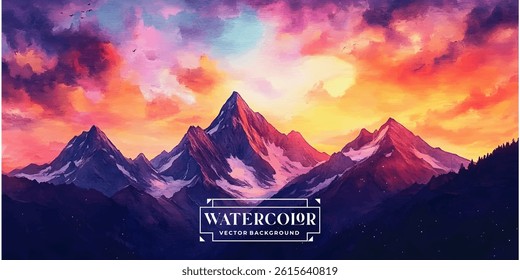 colorful watercolor painting of a layered mountain range, showcasing a gradient of sunset hues.