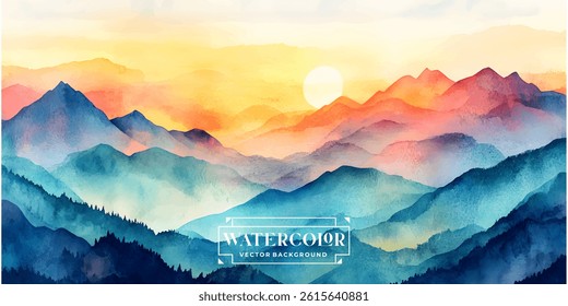 colorful watercolor painting of a layered mountain range, showcasing a gradient of sunset hues.