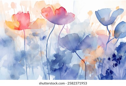 Pintura aquarela colorida de beleza vibrante de fundo de vetor de campo floral florescente. Tons vívidos e pinceladas delicadas cena cativante de flores florescentes, frescor da primavera. 