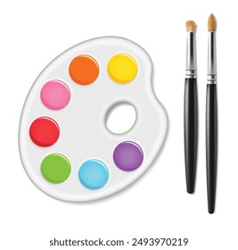 Colorful watercolor palette and brushes, isolated, white background. Vector. Colorful school supplies, vector illustration. Stationery	