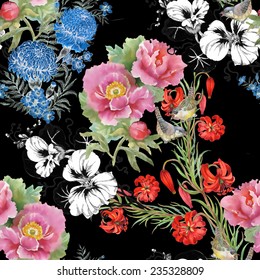 Colorful watercolor pink, blue and red flowers seamless pattern on black background vector illustration