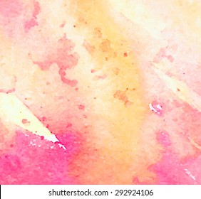 Colorful watercolor pink yellow hand drawn poster. Wet brush painted smudges and strokes abstract vector illustration. Artistic paper texture background. Design card for template, cover, decoration