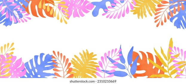 Colorful watercolor plants and leaves background. Bright vibrant banner, poster, graphic design template, hippie and groovy summer poster
