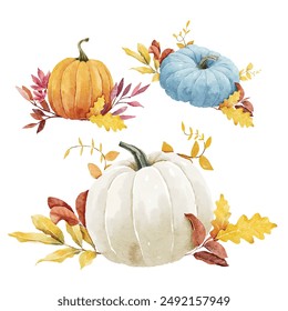 Colorful watercolor pumpkins with vibrant autumn leaves collection