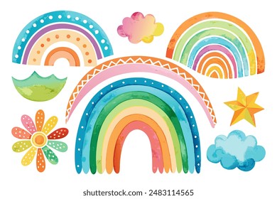 Colorful Watercolor Rainbows with Clouds, Flowers, and Stars on White Background