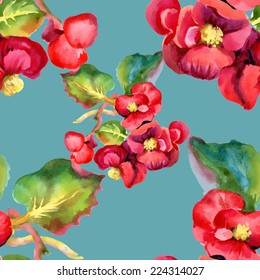 Colorful watercolor red flowers seamless pattern on blue background vector illustration