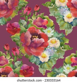 Colorful watercolor red flowers seamless pattern on red background vector illustration