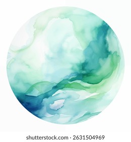 Colorful watercolor representation captures the essence of ocean waves with flowing shades of blue and green. The fluidity of the artwork reflects the calm and dynamic nature of the sea