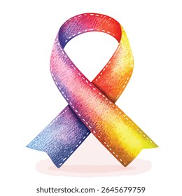 A colorful watercolor ribbon, featuring a gradient of rainbow hues, with stitched edges, symbolizing awareness and support.